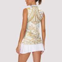 White and Gold Polynesia Women Sleeveless Polo Shirt Plumeria Tattoo With Polynesian Pattern LT14 - Polynesian Pride