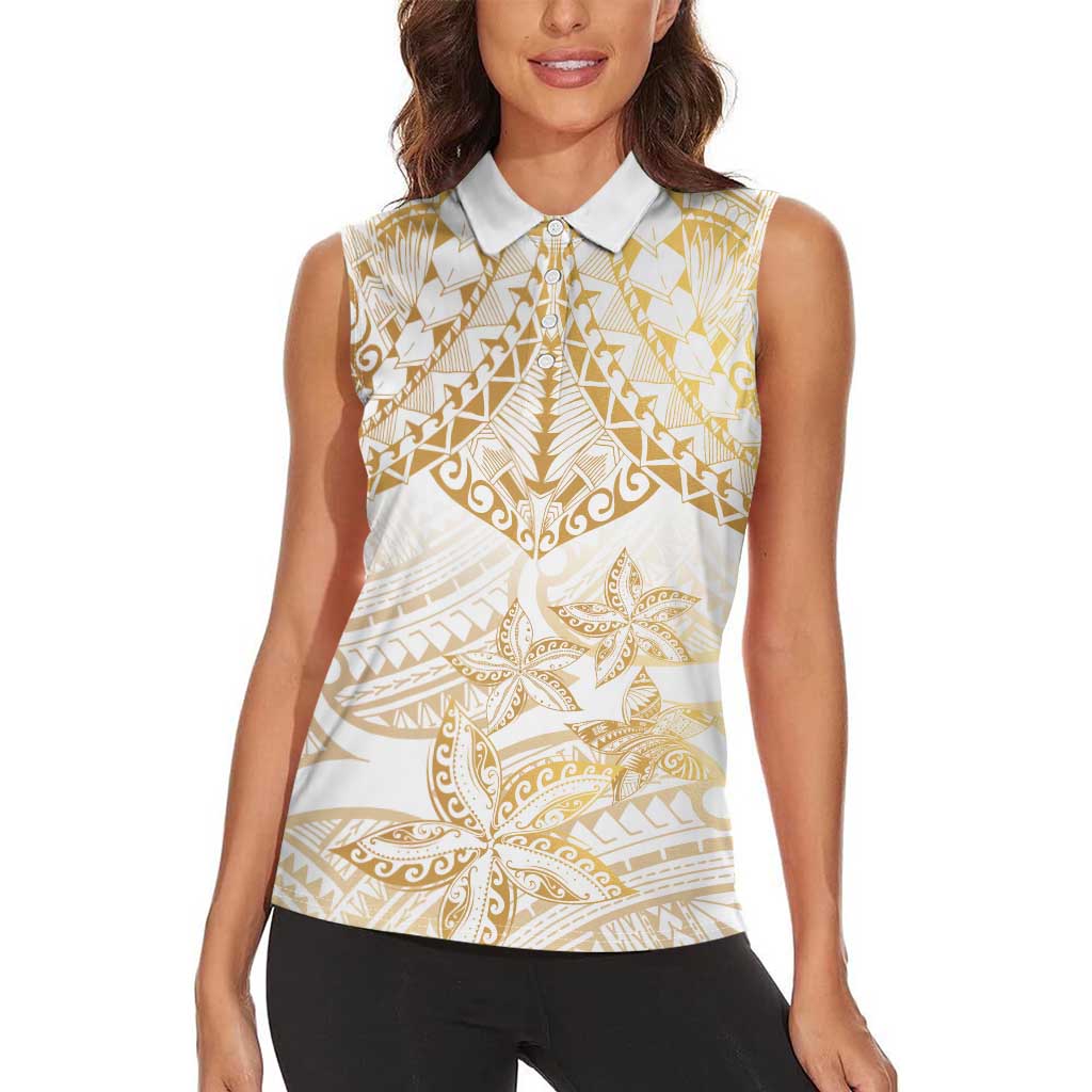 White and Gold Polynesia Women Sleeveless Polo Shirt Plumeria Tattoo With Polynesian Pattern LT14 - Polynesian Pride