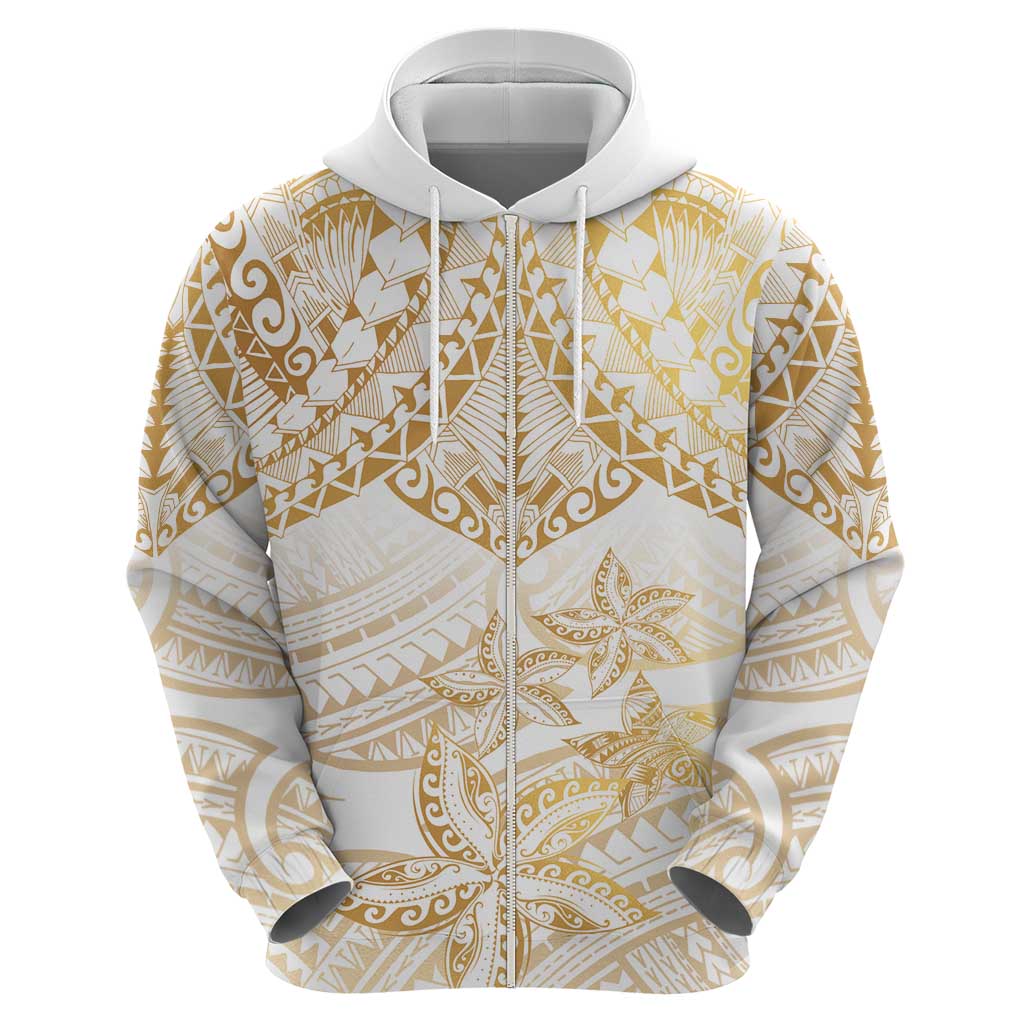 White and Gold Polynesia Zip Hoodie Plumeria Tattoo With Polynesian Pattern LT14 - Polynesian Pride