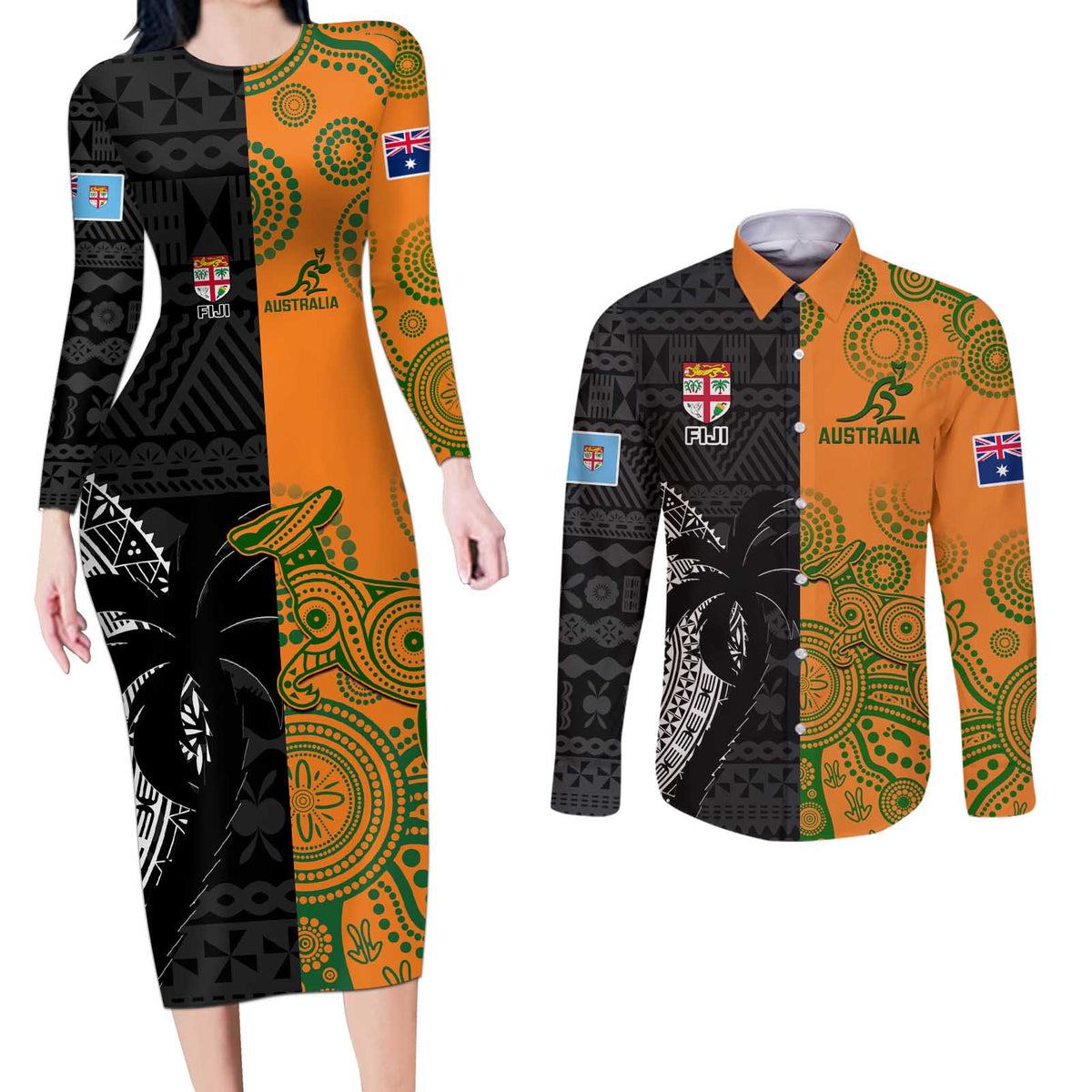 Custom Fiji And Australia Rugby Couples Matching Long Sleeve Bodycon Dress and Long Sleeve Button Shirt Fijian Tapa Pattern With Aussie Aboriginal Art LT14 Black - Polynesian Pride