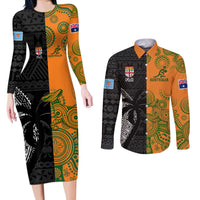 Custom Fiji And Australia Rugby Couples Matching Long Sleeve Bodycon Dress and Long Sleeve Button Shirt Fijian Tapa Pattern With Aussie Aboriginal Art LT14 Black - Polynesian Pride