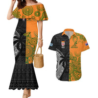 Custom Fiji And Australia Rugby Couples Matching Mermaid Dress and Hawaiian Shirt Fijian Tapa Pattern With Aussie Aboriginal Art LT14 Black - Polynesian Pride