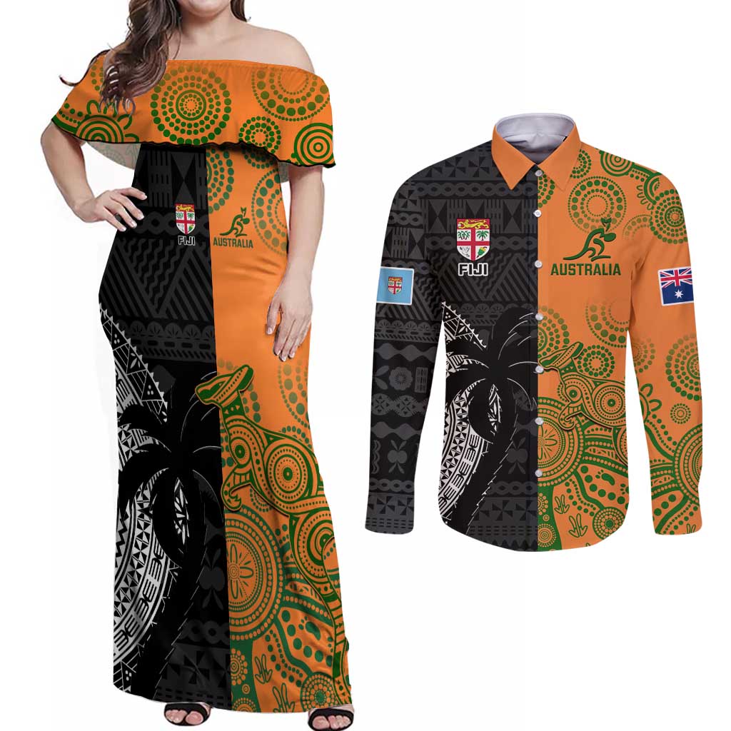 Custom Fiji And Australia Rugby Couples Matching Off Shoulder Maxi Dress and Long Sleeve Button Shirt Fijian Tapa Pattern With Aussie Aboriginal Art