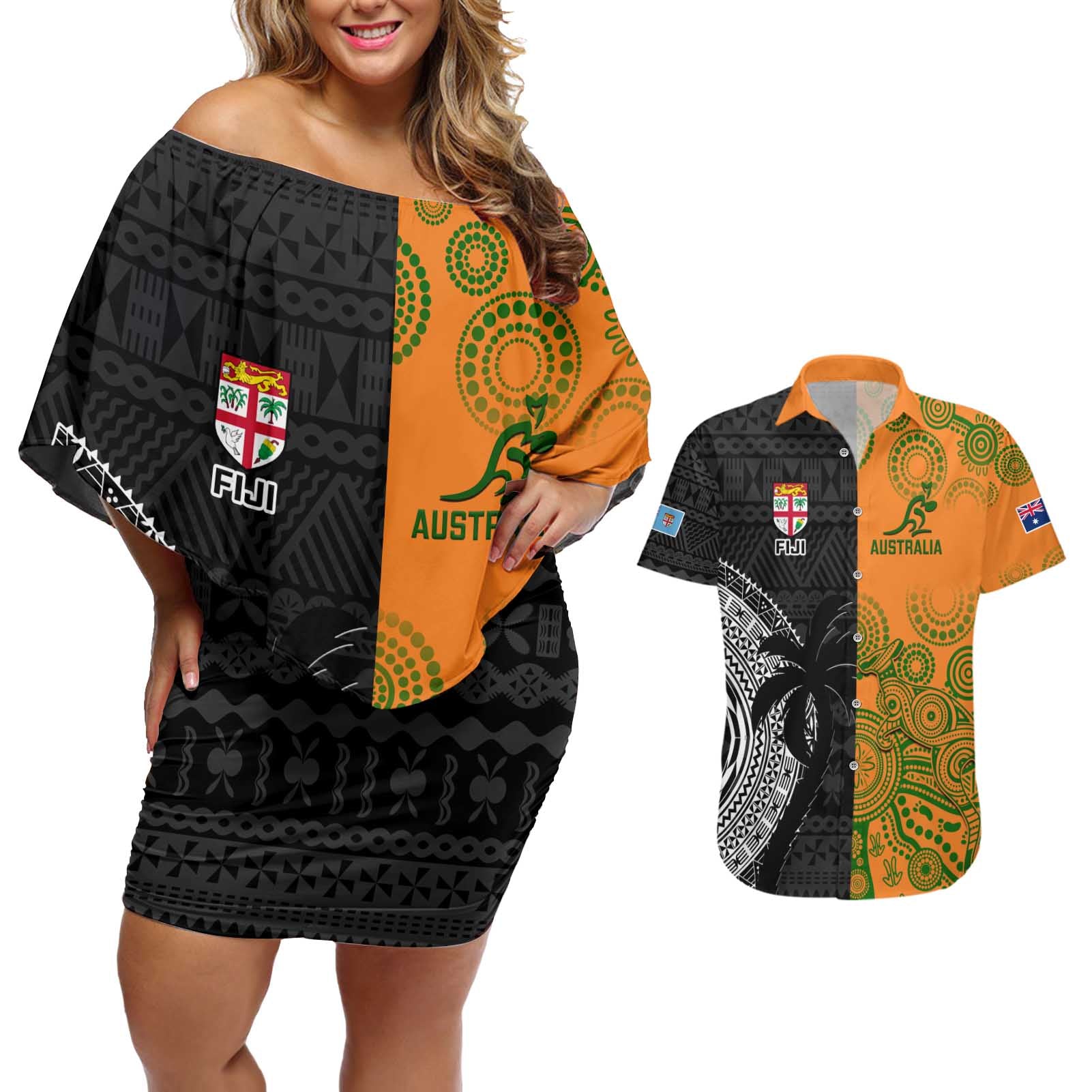 Custom Fiji And Australia Rugby Couples Matching Off Shoulder Short Dress and Hawaiian Shirt Fijian Tapa Pattern With Aussie Aboriginal Art