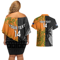 Custom Fiji And Australia Rugby Couples Matching Off Shoulder Short Dress and Hawaiian Shirt Fijian Tapa Pattern With Aussie Aboriginal Art LT14 - Polynesian Pride