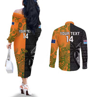 Custom Fiji And Australia Rugby Couples Matching Off The Shoulder Long Sleeve Dress and Long Sleeve Button Shirt Fijian Tapa Pattern With Aussie Aboriginal Art LT14 - Polynesian Pride