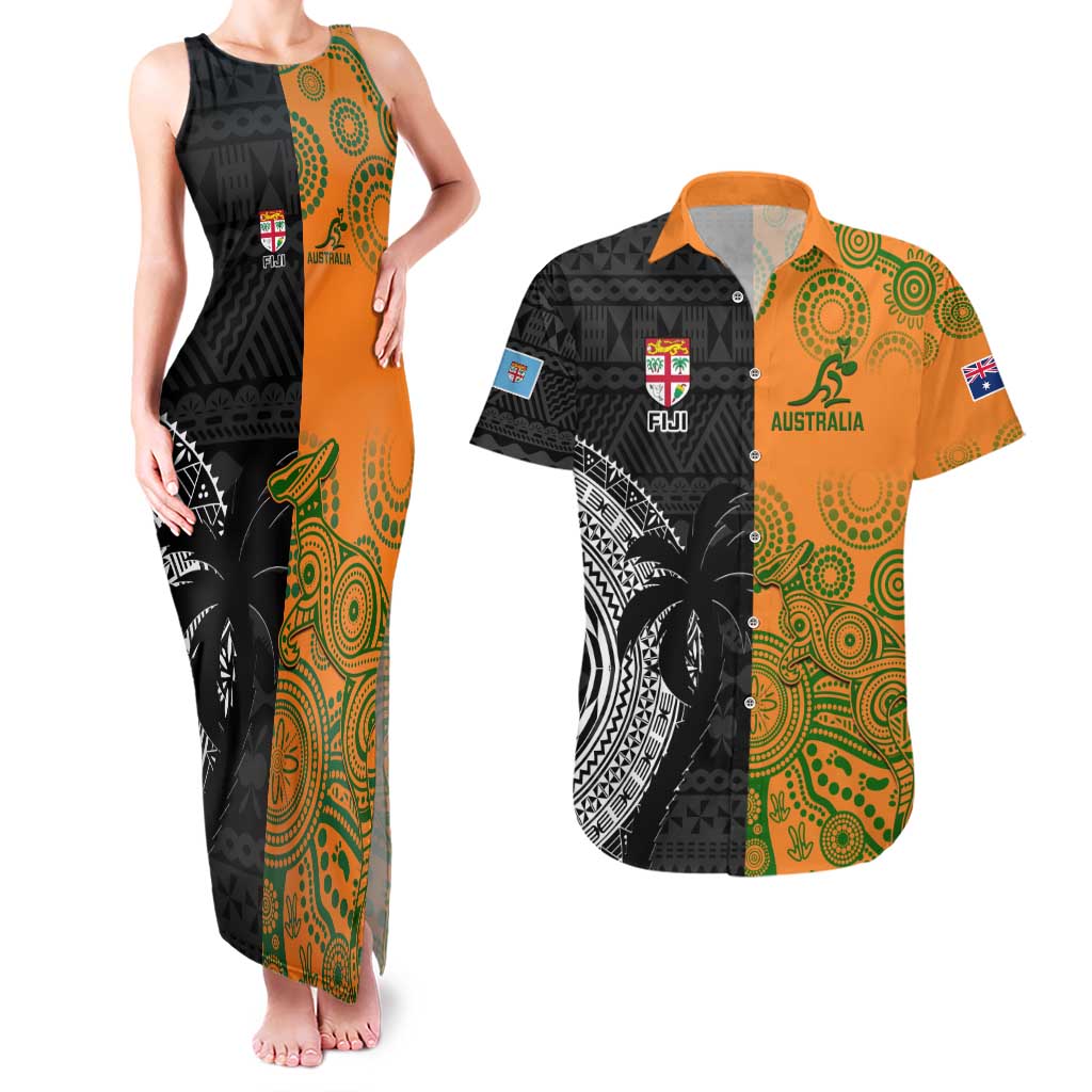 Custom Fiji And Australia Rugby Couples Matching Tank Maxi Dress and Hawaiian Shirt Fijian Tapa Pattern With Aussie Aboriginal Art LT14 Black - Polynesian Pride
