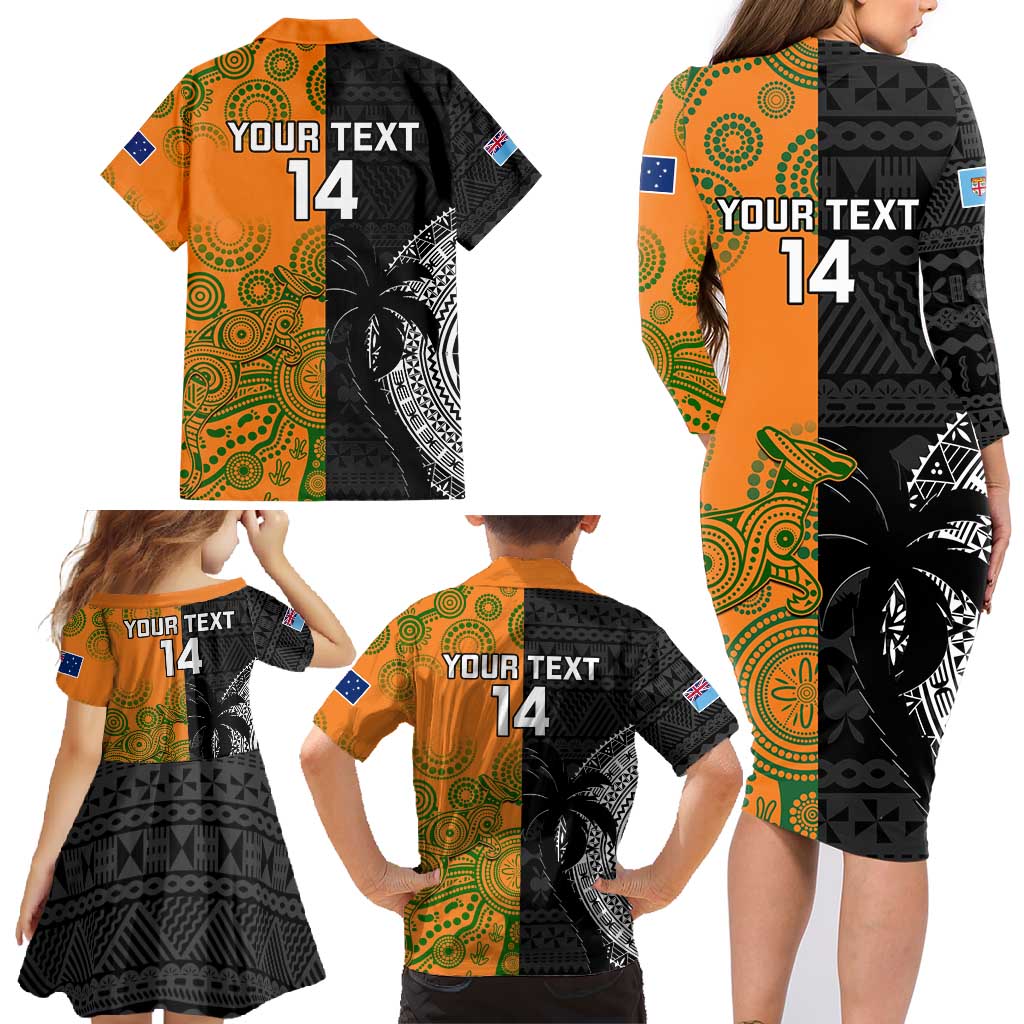 Custom Fiji And Australia Rugby Family Matching Long Sleeve Bodycon Dress and Hawaiian Shirt Fijian Tapa Pattern With Aussie Aboriginal Art LT14 - Polynesian Pride
