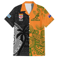 Custom Fiji And Australia Rugby Family Matching Long Sleeve Bodycon Dress and Hawaiian Shirt Fijian Tapa Pattern With Aussie Aboriginal Art LT14 Dad's Shirt - Short Sleeve Black - Polynesian Pride