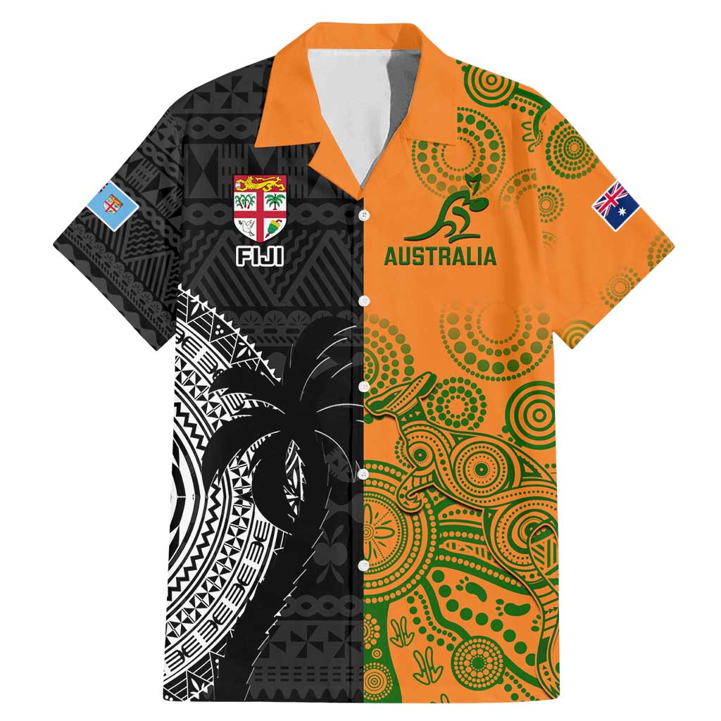 Custom Fiji And Australia Rugby Family Matching Mermaid Dress and Hawaiian Shirt Fijian Tapa Pattern With Aussie Aboriginal Art LT14 Dad's Shirt - Short Sleeve Black - Polynesian Pride