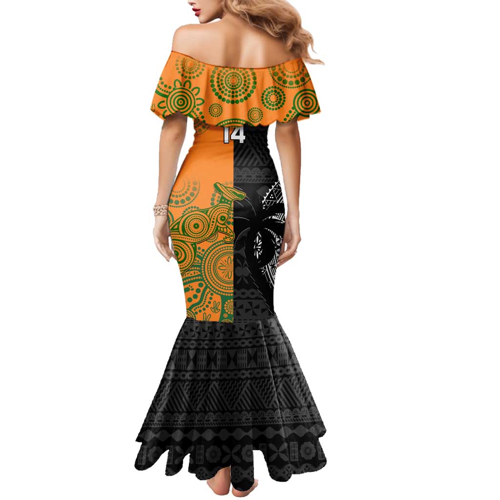 Custom Fiji And Australia Rugby Family Matching Mermaid Dress and Hawaiian Shirt Fijian Tapa Pattern With Aussie Aboriginal Art LT14 - Polynesian Pride