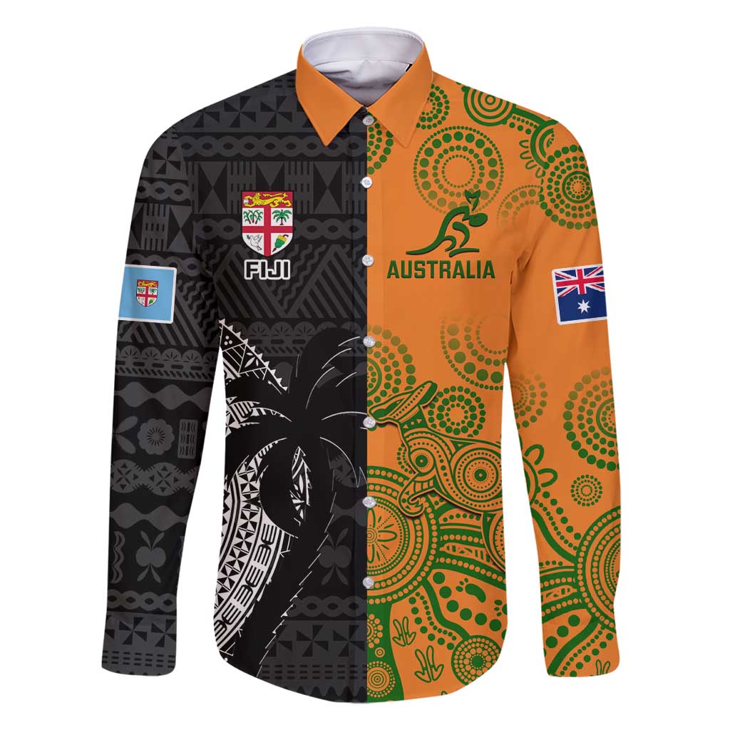 Custom Fiji And Australia Rugby Family Matching Off Shoulder Maxi Dress and Hawaiian Shirt Fijian Tapa Pattern With Aussie Aboriginal Art LT14 Dad's Shirt - Long Sleeve Black - Polynesian Pride