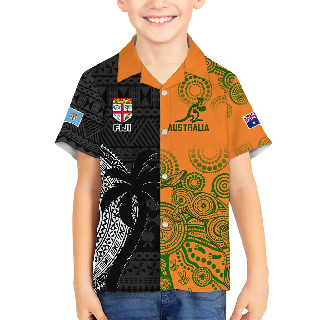 Custom Fiji And Australia Rugby Family Matching Off Shoulder Maxi Dress and Hawaiian Shirt Fijian Tapa Pattern With Aussie Aboriginal Art LT14 Son's Shirt Black - Polynesian Pride