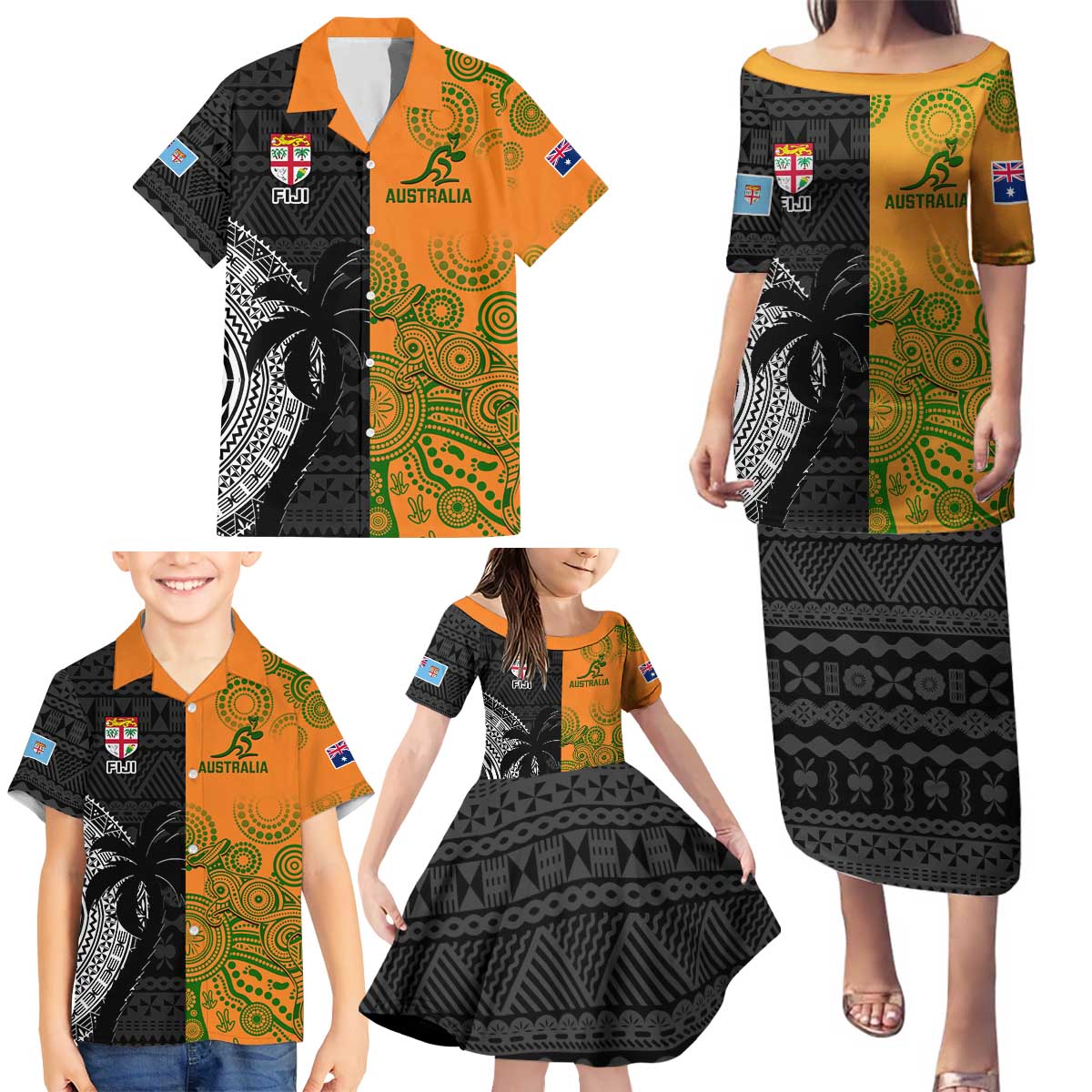 Custom Fiji And Australia Rugby Family Matching Puletasi and Hawaiian Shirt Fijian Tapa Pattern With Aussie Aboriginal Art LT14 - Polynesian Pride