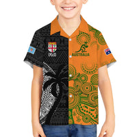 Custom Fiji And Australia Rugby Family Matching Puletasi and Hawaiian Shirt Fijian Tapa Pattern With Aussie Aboriginal Art LT14 Son's Shirt Black - Polynesian Pride