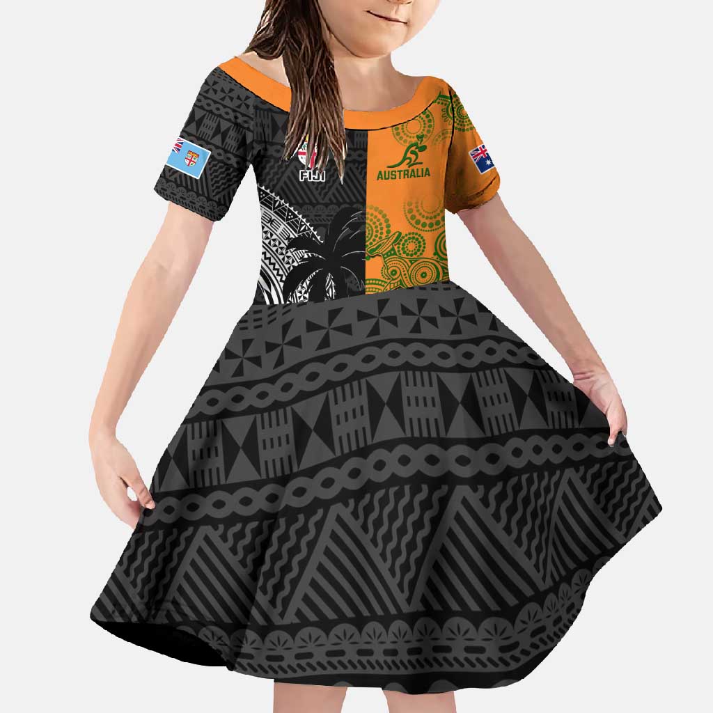 Custom Fiji And Australia Rugby Family Matching Short Sleeve Bodycon Dress and Hawaiian Shirt Fijian Tapa Pattern With Aussie Aboriginal Art LT14 Daughter's Dress Black - Polynesian Pride