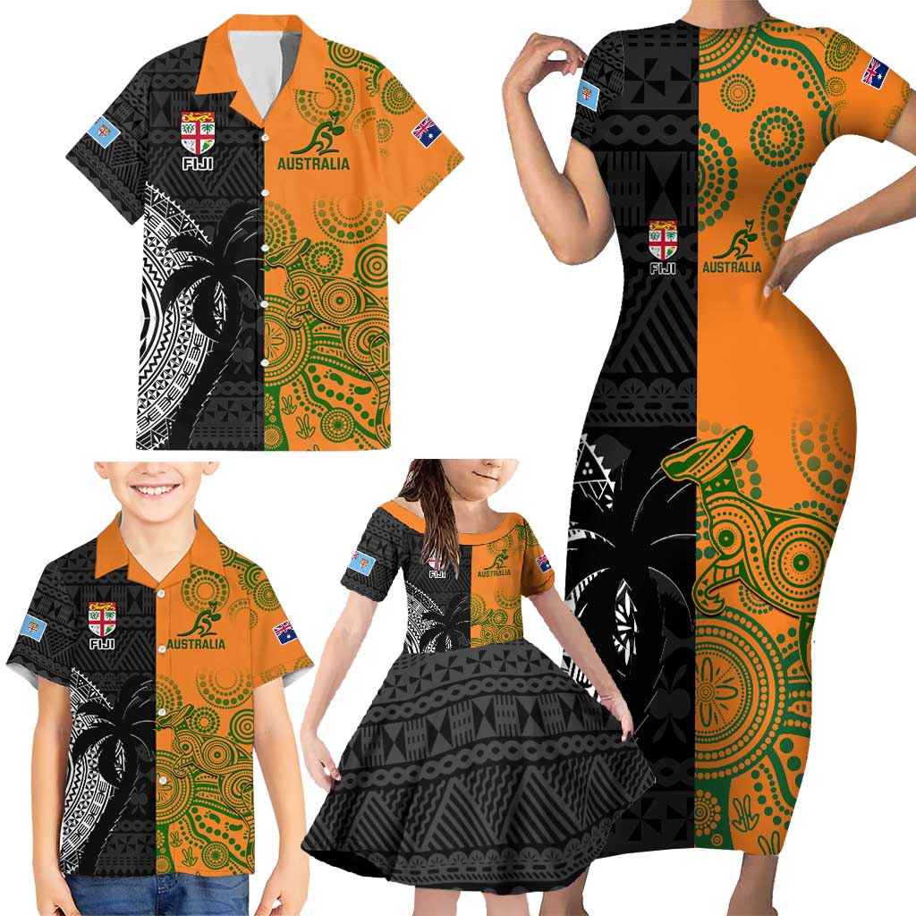 Custom Fiji And Australia Rugby Family Matching Short Sleeve Bodycon Dress and Hawaiian Shirt Fijian Tapa Pattern With Aussie Aboriginal Art LT14 - Polynesian Pride