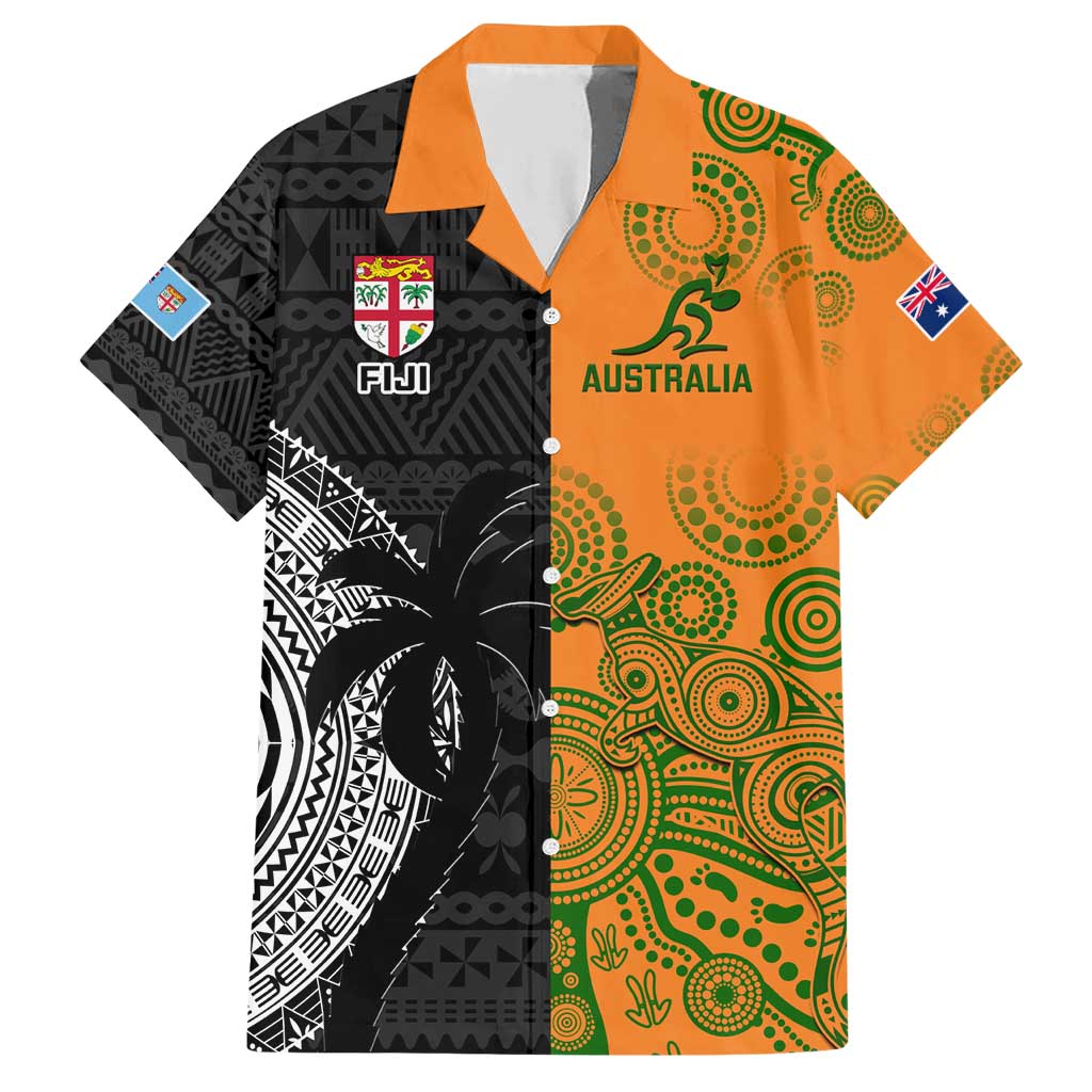 Custom Fiji And Australia Rugby Family Matching Short Sleeve Bodycon Dress and Hawaiian Shirt Fijian Tapa Pattern With Aussie Aboriginal Art LT14 Dad's Shirt - Short Sleeve Black - Polynesian Pride