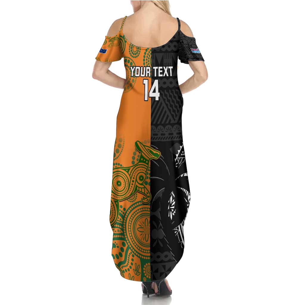 Custom Fiji And Australia Rugby Family Matching Summer Maxi Dress and Hawaiian Shirt Fijian Tapa Pattern With Aussie Aboriginal Art