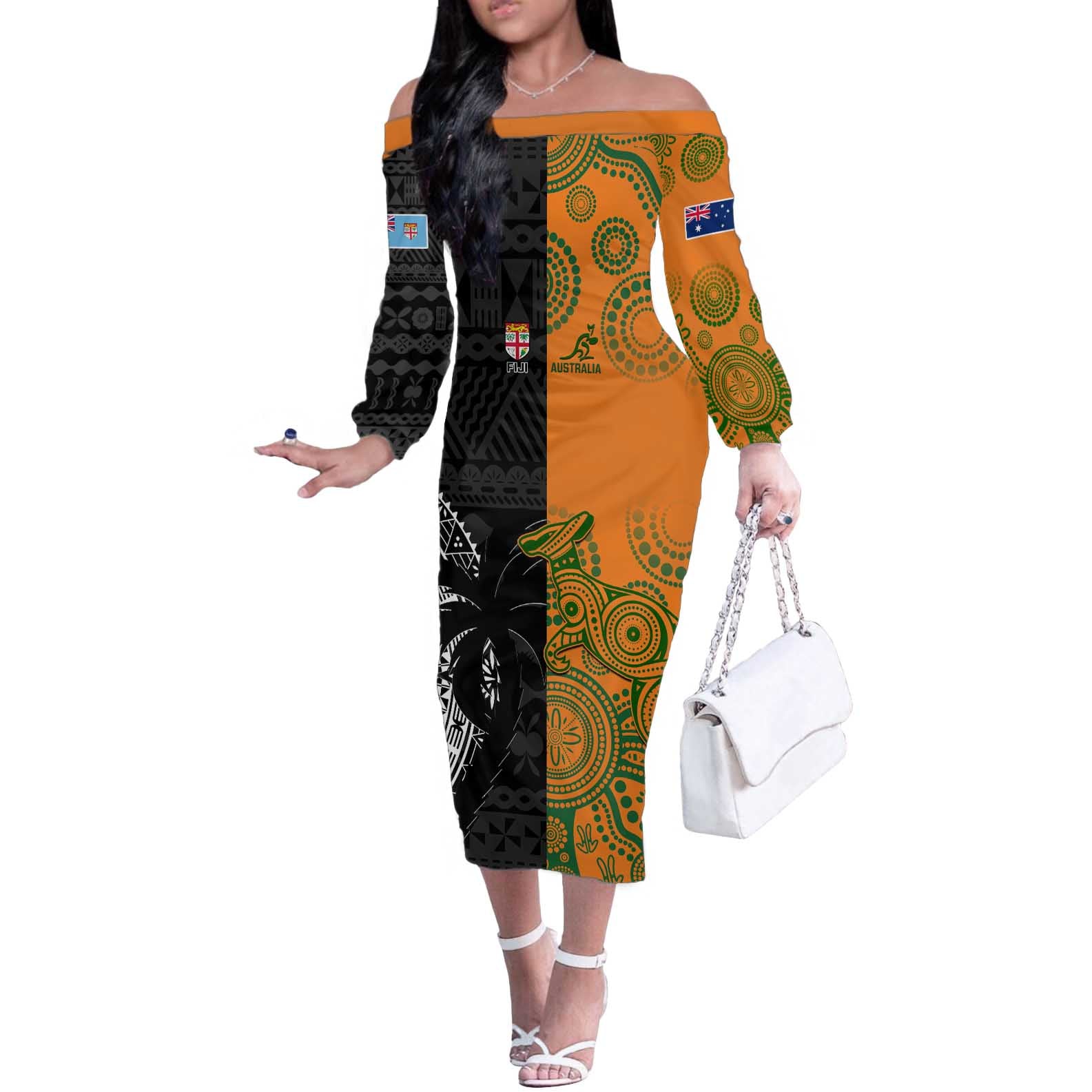 Custom Fiji And Australia Rugby Off The Shoulder Long Sleeve Dress Fijian Tapa Pattern With Aussie Aboriginal Art