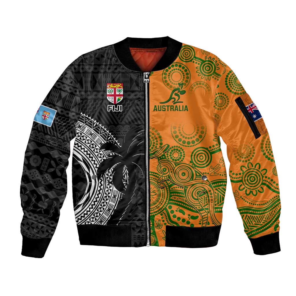 Custom Fiji And Australia Rugby Sleeve Zip Bomber Jacket Fijian Tapa Pattern With Aussie Aboriginal Art