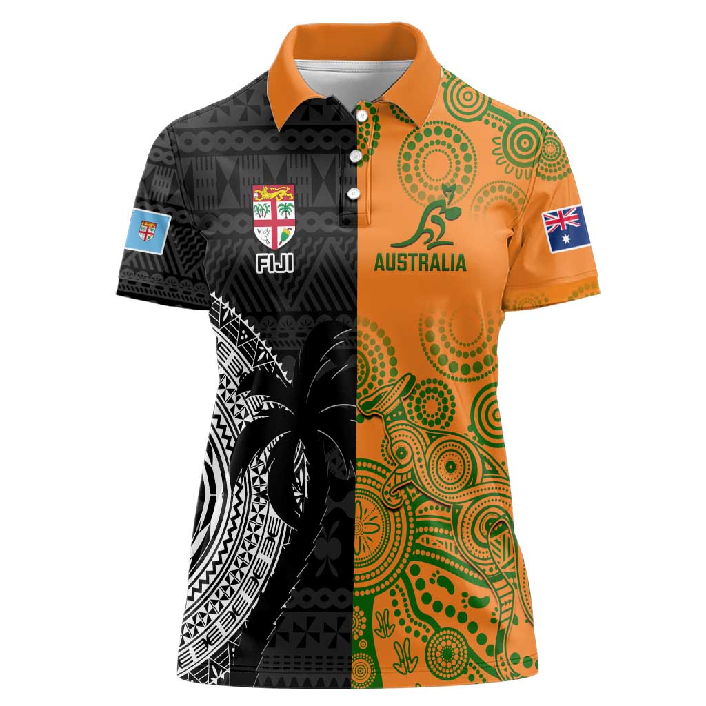 Custom Fiji And Australia Rugby Women Polo Shirt Fijian Tapa Pattern With Aussie Aboriginal Art