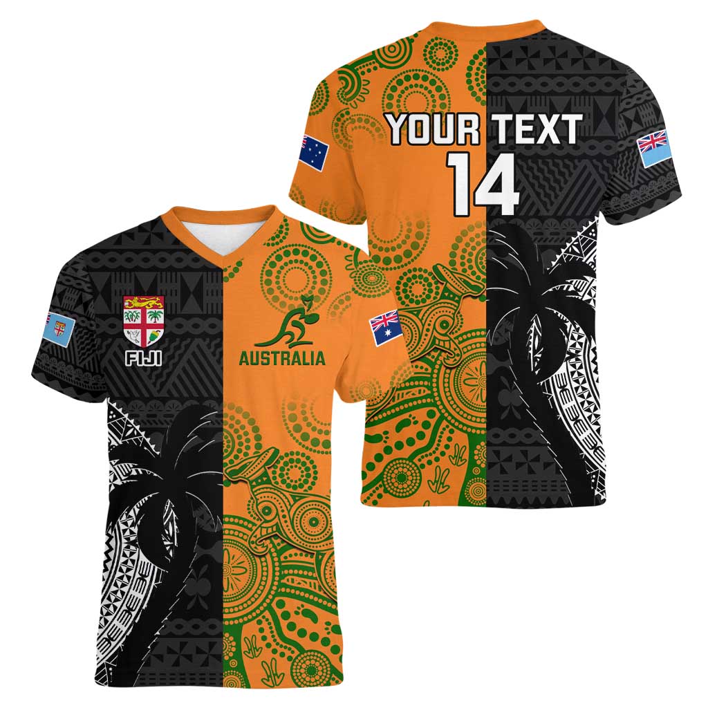 Custom Fiji And Australia Rugby Women V-Neck T-Shirt Fijian Tapa Pattern With Aussie Aboriginal Art