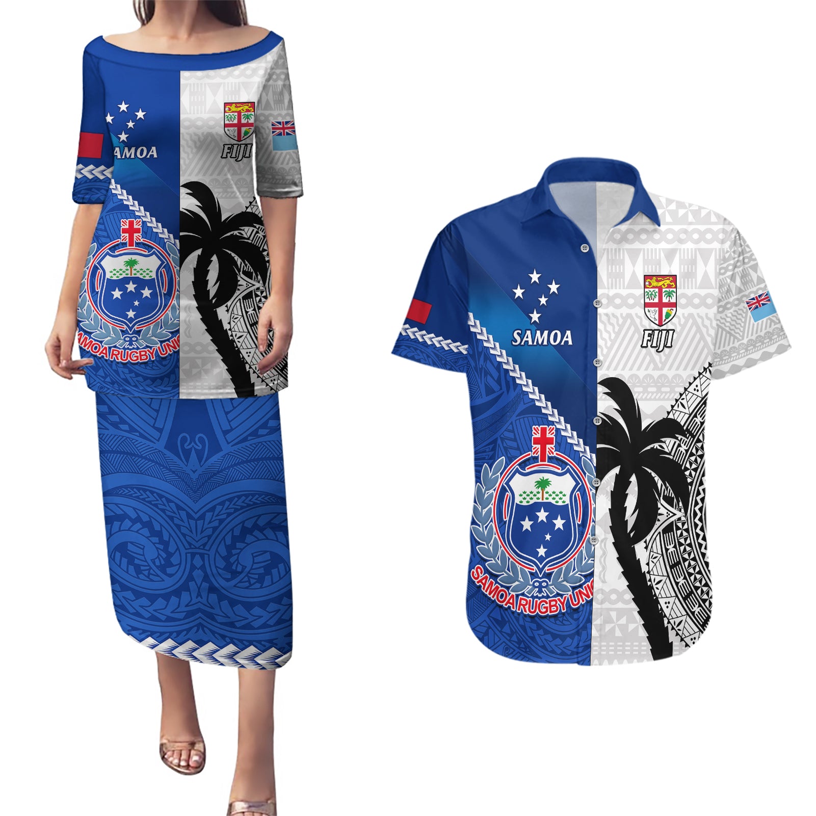 fiji-and-samoa-rugby-couples-matching-puletasi-dress-and-hawaiian-shirt-2023-world-cup-samoan-mix-tapa-pattern