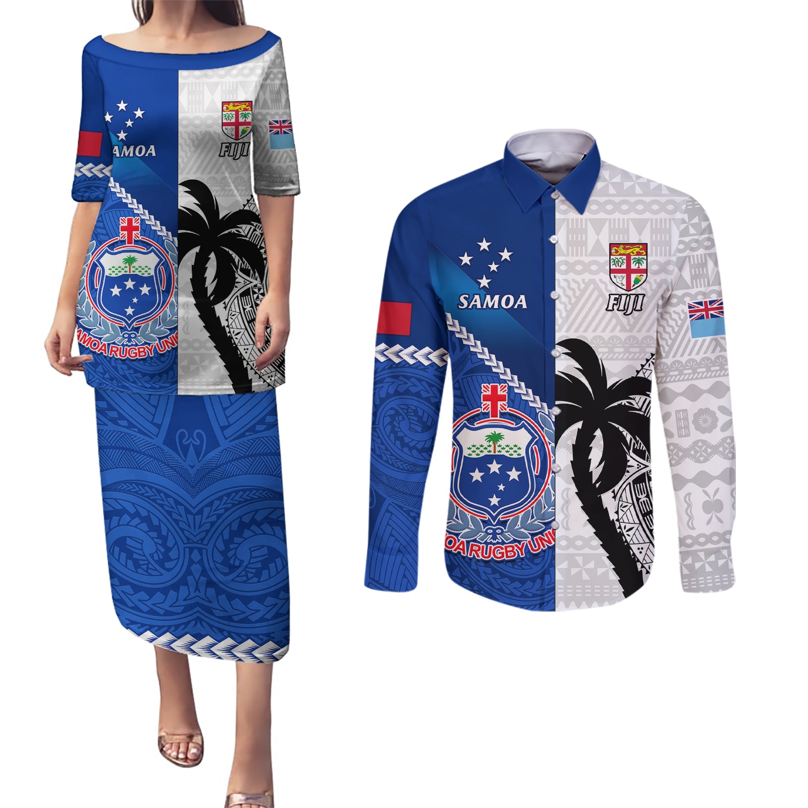 fiji-and-samoa-rugby-couples-matching-puletasi-dress-and-long-sleeve-button-shirts-2023-world-cup-samoan-mix-tapa-pattern