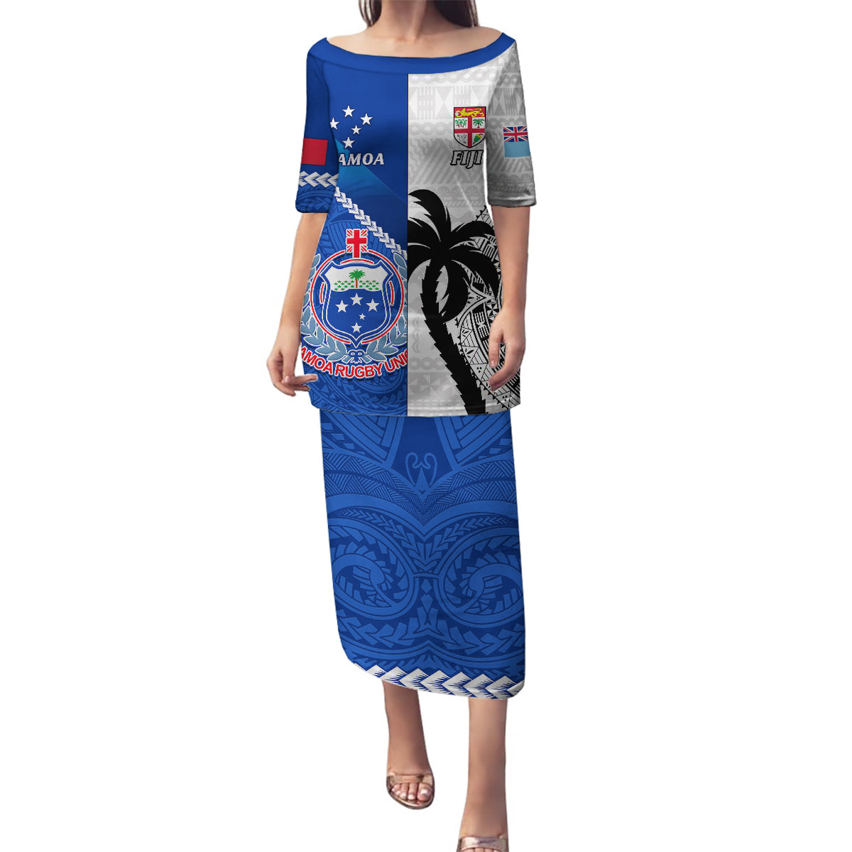 Fiji And Samoa Rugby Family Matching Puletasi Dress and Hawaiian Shirt 2023 World Cup Samoan Mix Tapa Pattern LT14 Mom's Dress Blue - Polynesian Pride