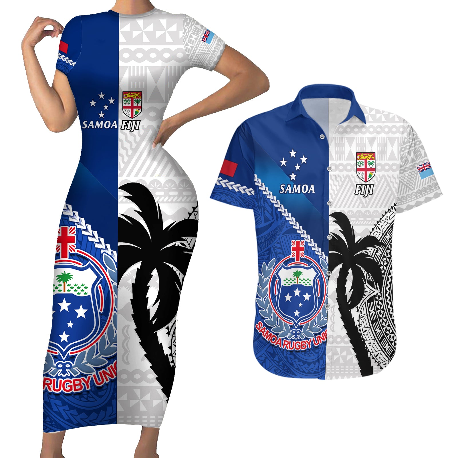 custom-fiji-and-samoa-rugby-couples-matching-short-sleeve-bodycon-dress-and-hawaiian-shirt-2023-world-cup-samoan-mix-tapa-pattern