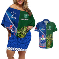 Samoa And Ireland Rugby Couples Matching Off Shoulder Short Dress and Hawaiian Shirt 2023 World Cup Manu Samoa With Shamrocks LT14 Blue - Polynesian Pride