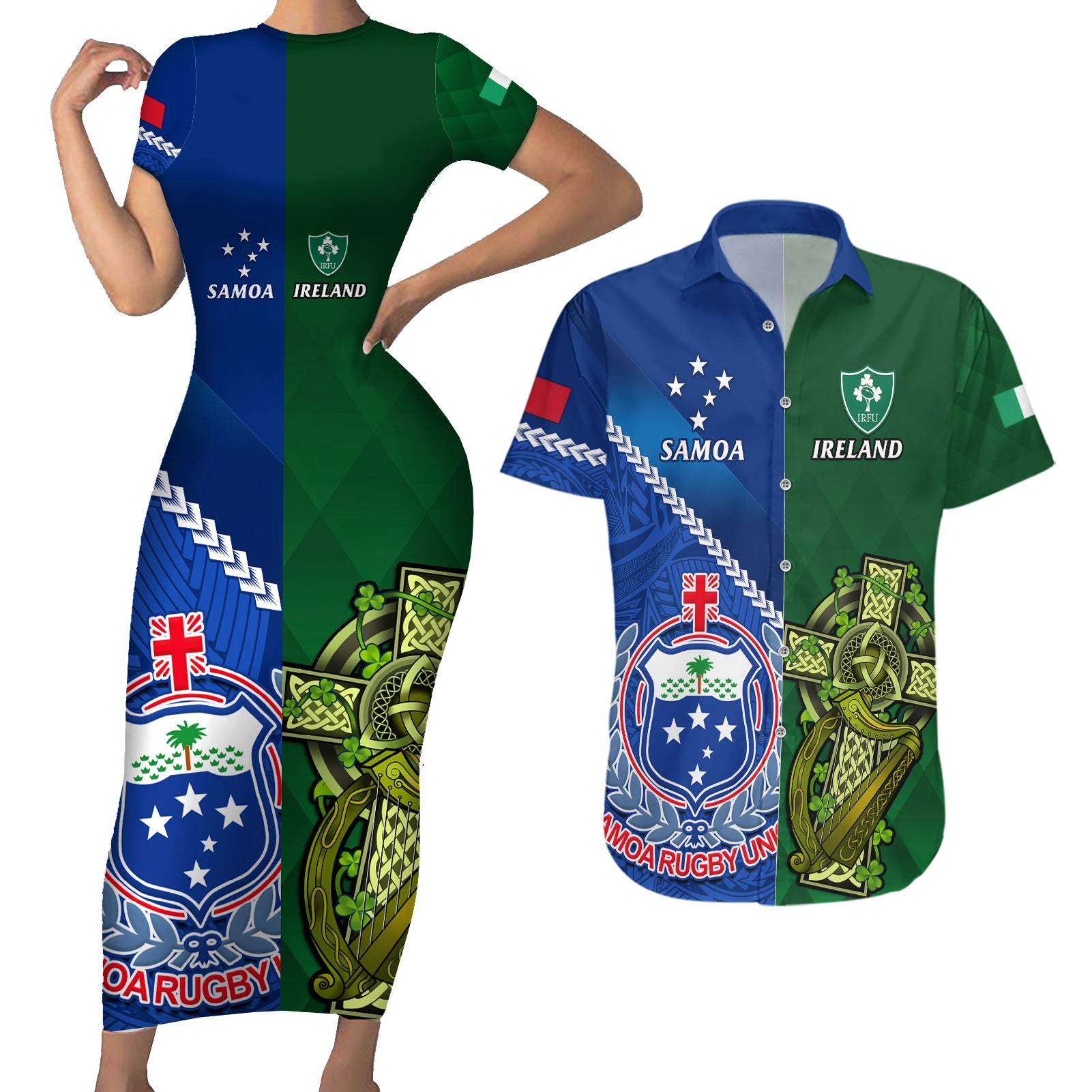 samoa-and-ireland-rugby-couples-matching-short-sleeve-bodycon-dress-and-hawaiian-shirt-2023-world-cup-manu-samoa-with-shamrocks