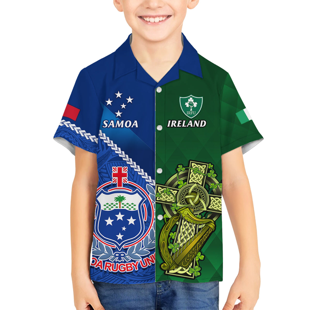 samoa-and-ireland-rugby-family-matching-long-sleeve-bodycon-dress-and-hawaiian-shirt-2023-world-cup-manu-samoa-with-shamrocks