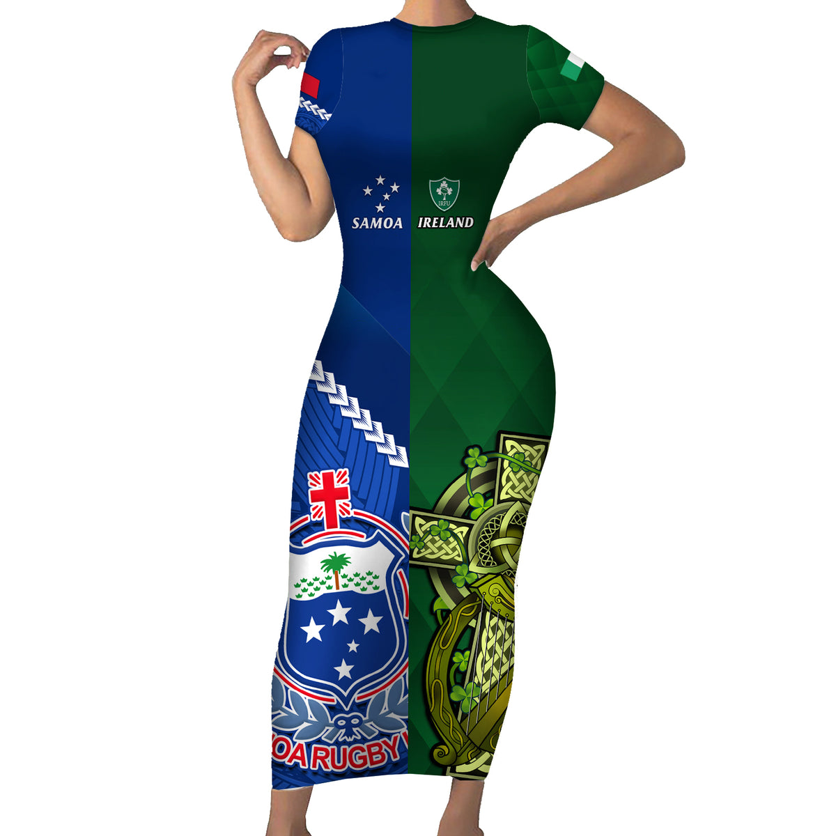 samoa-and-ireland-rugby-family-matching-short-sleeve-bodycon-dress-and-hawaiian-shirt-2023-world-cup-manu-samoa-with-shamrocks