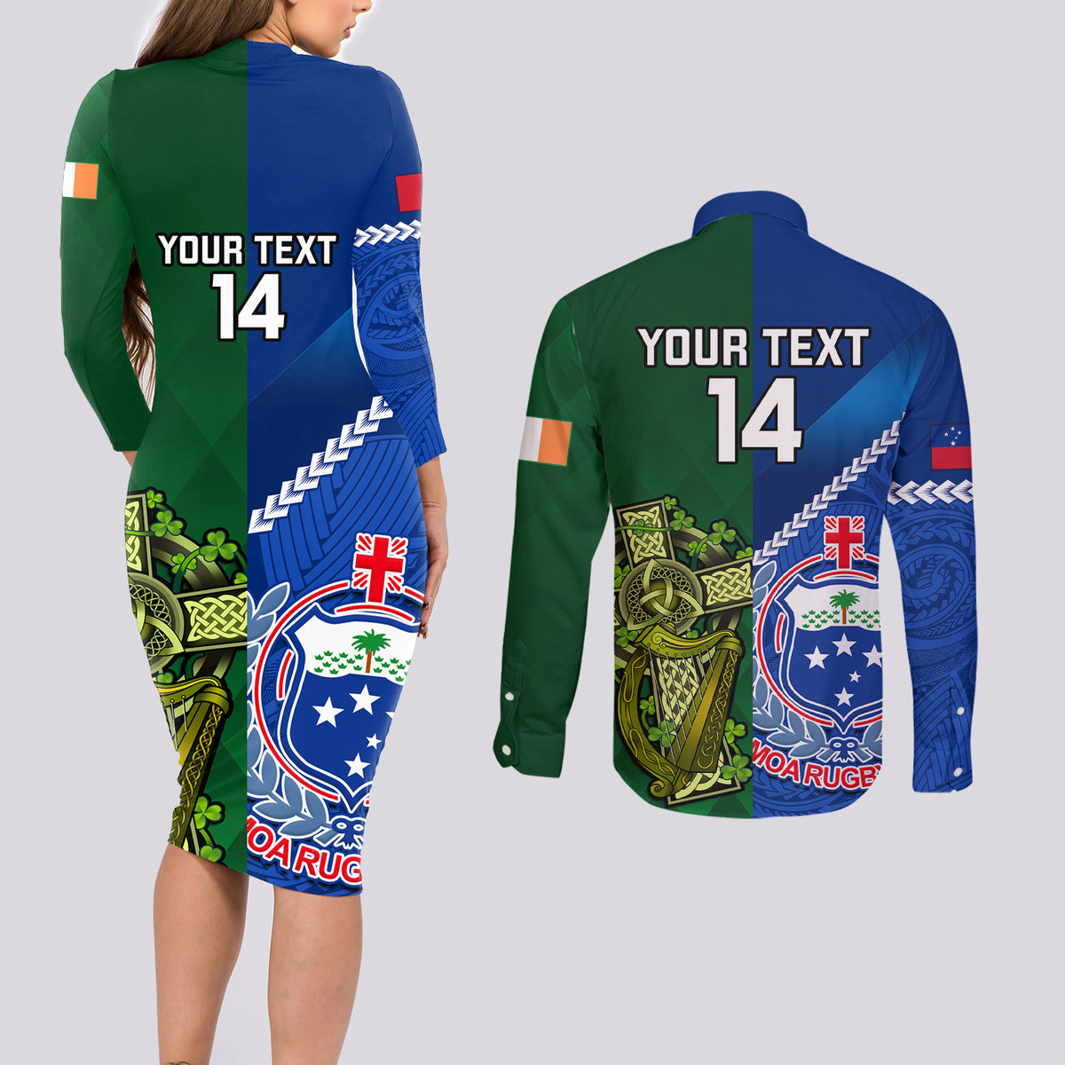 custom-samoa-and-ireland-rugby-couples-matching-long-sleeve-bodycon-dress-and-long-sleeve-button-shirts-2023-world-cup-manu-samoa-with-shamrocks