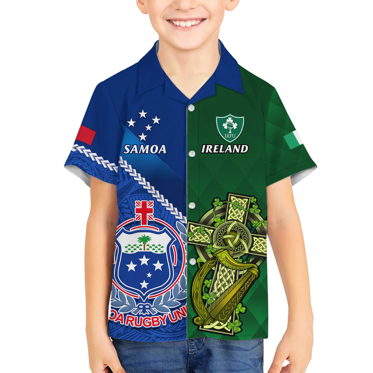 custom-samoa-and-ireland-rugby-family-matching-short-sleeve-bodycon-dress-and-hawaiian-shirt-2023-world-cup-manu-samoa-with-shamrocks