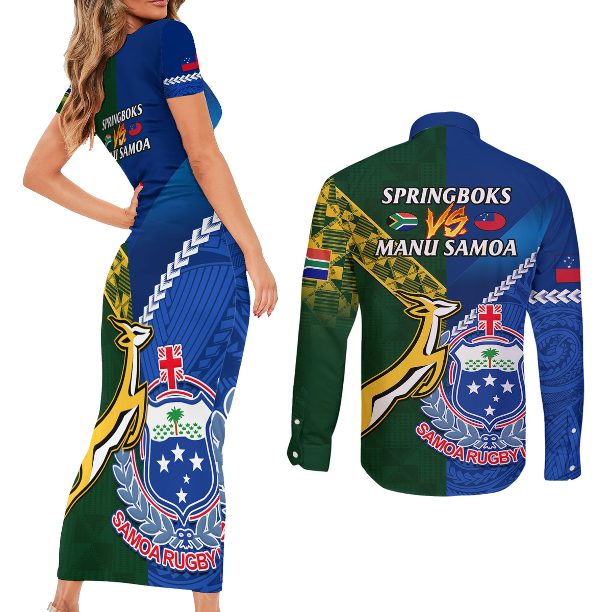 samoa-and-south-africa-rugby-couples-matching-short-sleeve-bodycon-dress-and-long-sleeve-button-shirts-2023-world-cup-manu-samoa-with-springboks