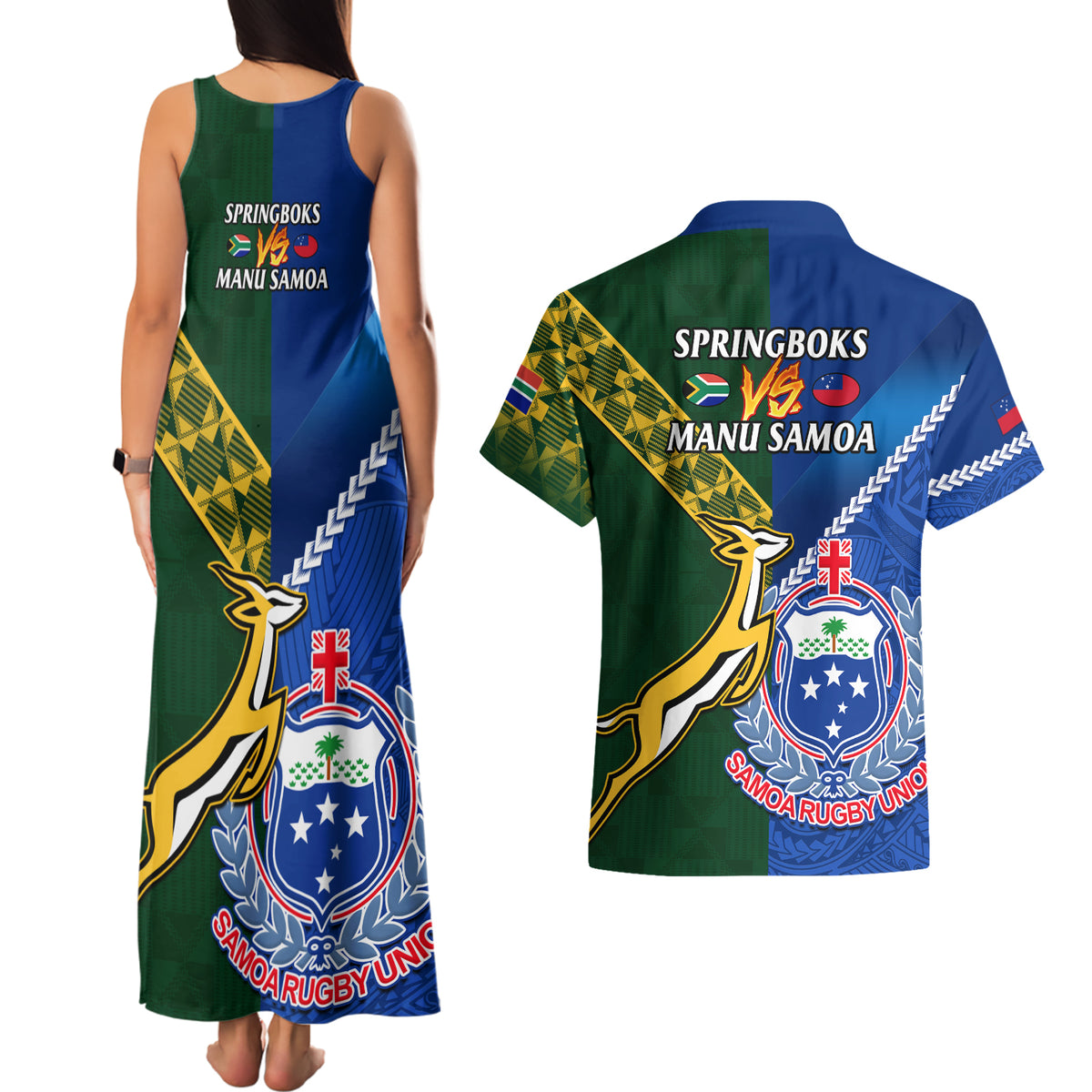 Samoa And South Africa Rugby Couples Matching Tank Maxi Dress and Hawaiian Shirt 2023 World Cup Manu Samoa With Springboks LT14 - Polynesian Pride