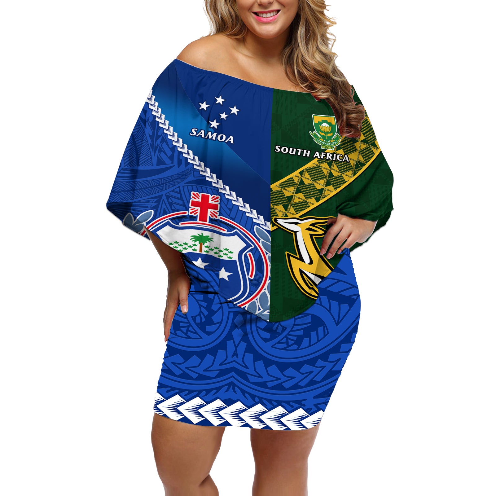 samoa-and-south-africa-rugby-off-shoulder-short-dress-2023-world-cup-manu-samoa-with-springboks