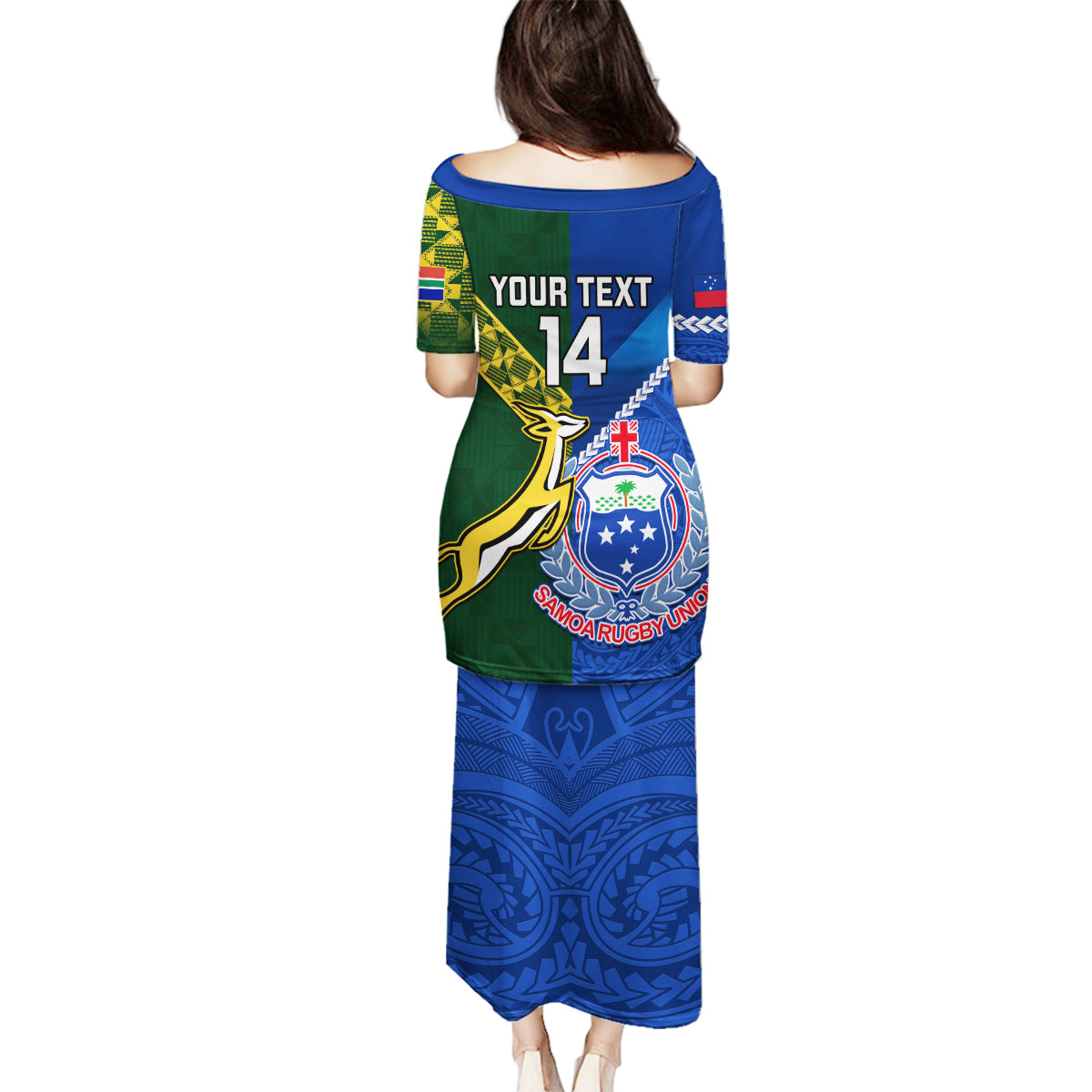 Custom Samoa And South Africa Rugby Family Matching Puletasi Dress and Hawaiian Shirt 2023 World Cup Manu Samoa With Springboks LT14 - Polynesian Pride