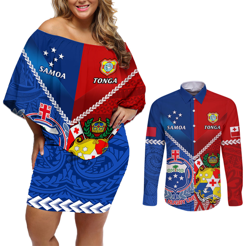 samoa-and-tonga-rugby-couples-matching-off-shoulder-short-dress-and-long-sleeve-button-shirts-2023-world-cup-manu-samoa-with-ikale-tahi