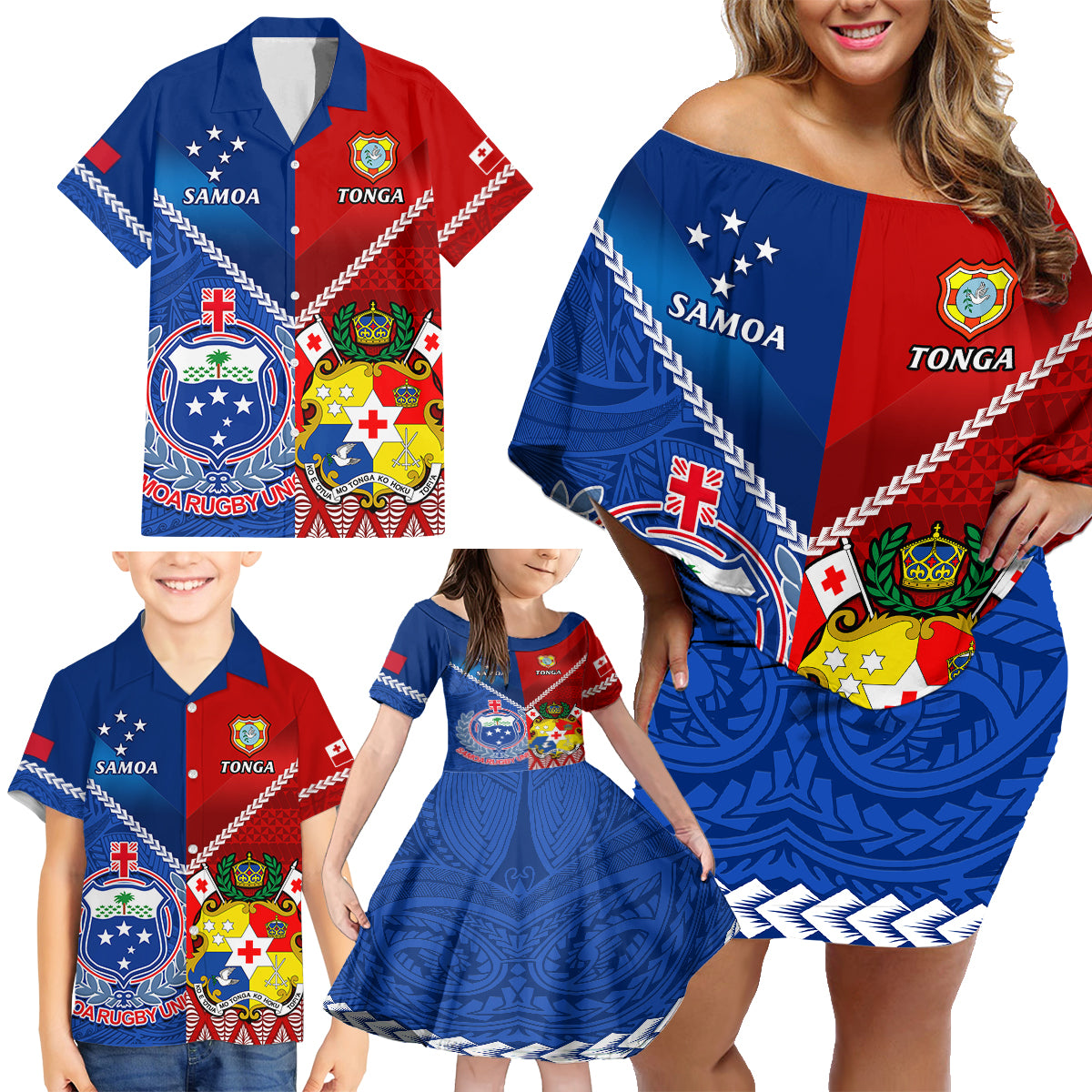 Samoa And Tonga Rugby Family Matching Off Shoulder Short Dress and Hawaiian Shirt 2023 World Cup Manu Samoa With Ikale Tahi LT14 - Polynesian Pride