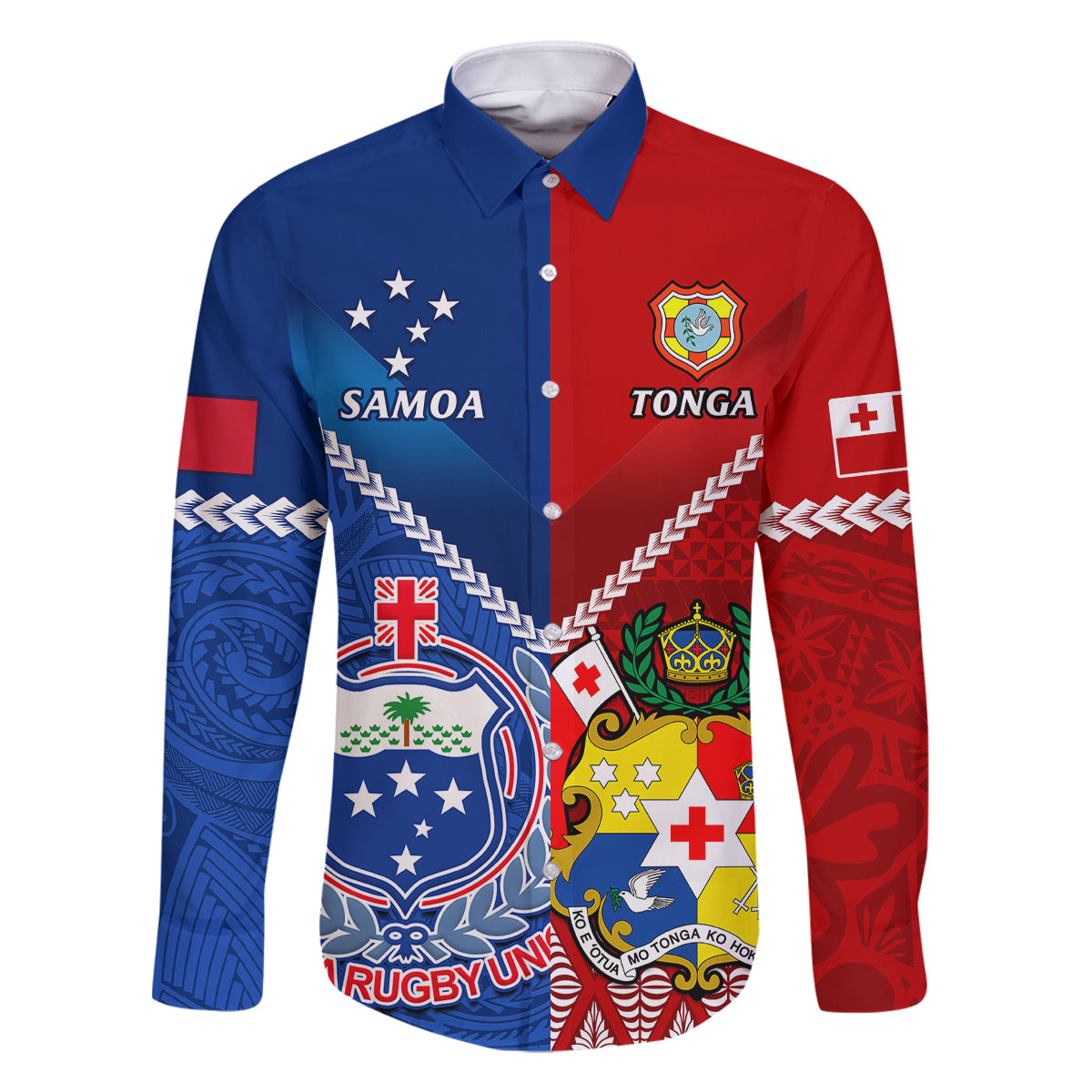 Custom Samoa And Tonga Rugby Family Matching Long Sleeve Bodycon Dress and Hawaiian Shirt 2023 World Cup Manu Samoa With Ikale Tahi LT14 Dad's Shirt - Long Sleeve Blue - Polynesian Pride