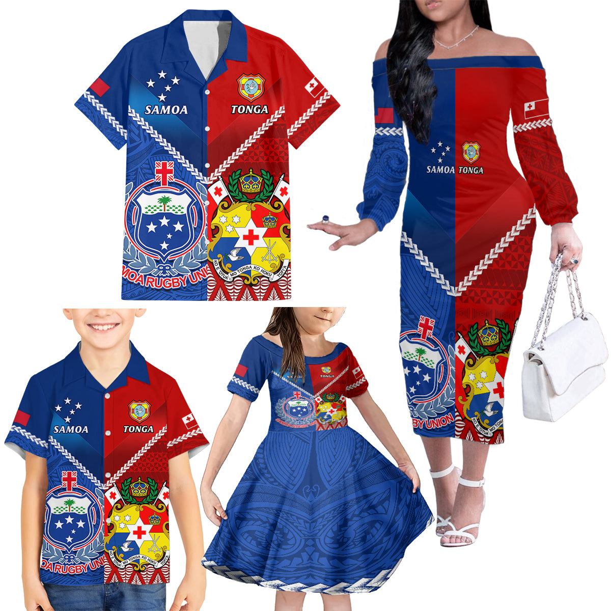 Custom Samoa And Tonga Rugby Family Matching Off Shoulder Long Sleeve Dress and Hawaiian Shirt 2023 World Cup Manu Samoa With Ikale Tahi LT14 - Polynesian Pride