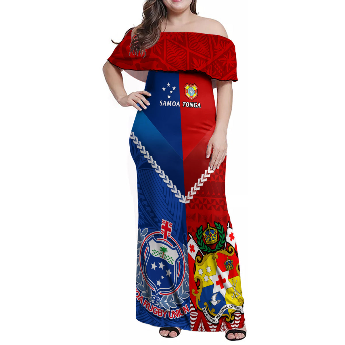 Custom Samoa And Tonga Rugby Family Matching Off Shoulder Maxi Dress and Hawaiian Shirt 2023 World Cup Manu Samoa With Ikale Tahi LT14 Mom's Dress Blue - Polynesian Pride