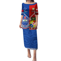 Custom Samoa And Tonga Rugby Family Matching Puletasi Dress and Hawaiian Shirt 2023 World Cup Manu Samoa With Ikale Tahi LT14 Mom's Dress Blue - Polynesian Pride