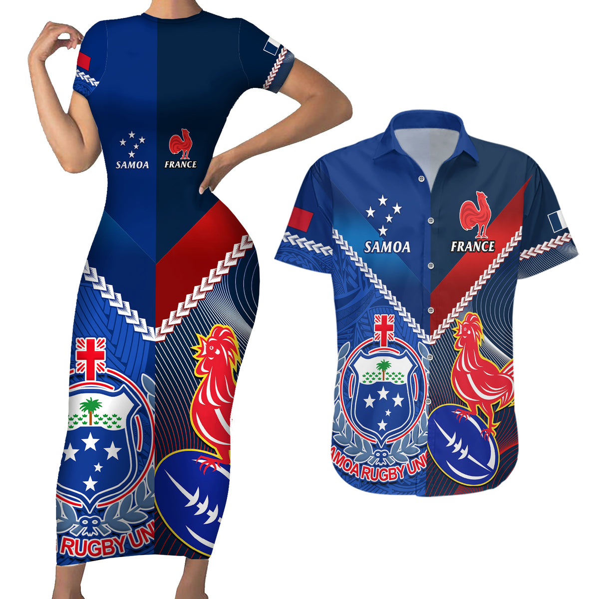 Samoa And France Rugby Couples Matching Short Sleeve Bodycon Dress and Hawaiian Shirt 2023 World Cup Manu Samoa With Les Bleus LT14 Blue - Polynesian Pride