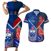 Samoa And France Rugby Couples Matching Short Sleeve Bodycon Dress and Hawaiian Shirt 2023 World Cup Manu Samoa With Les Bleus LT14 Blue - Polynesian Pride