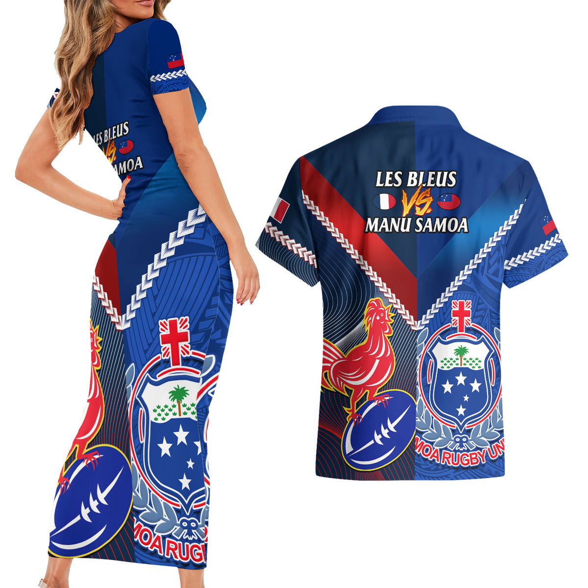 Samoa And France Rugby Couples Matching Short Sleeve Bodycon Dress and Hawaiian Shirt 2023 World Cup Manu Samoa With Les Bleus LT14 - Polynesian Pride